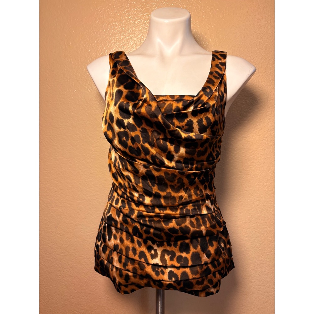 Y2k Express Leopard Print Cowl Neck Tiered Pleated Sleeveless Satin Top Small #5